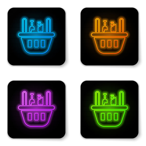 发光的霓虹购物篮和食物图标图片下载