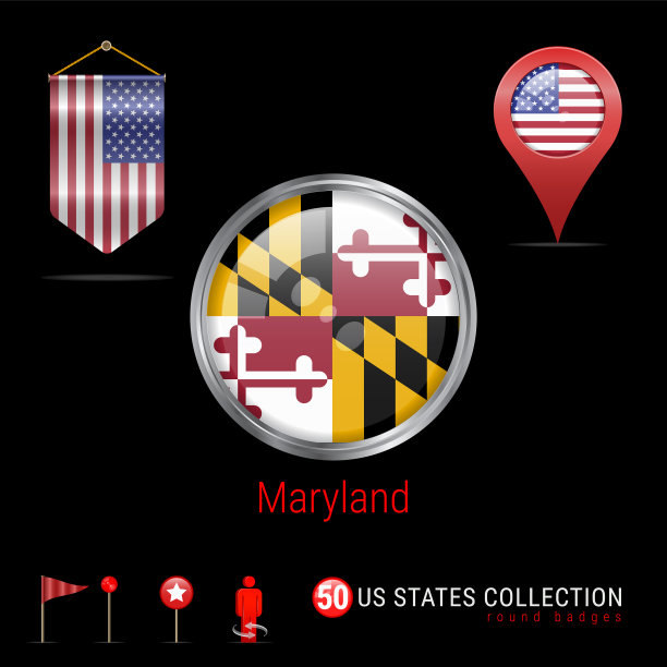 圆形镀铬徽章与马里兰州美国国旗图片下载