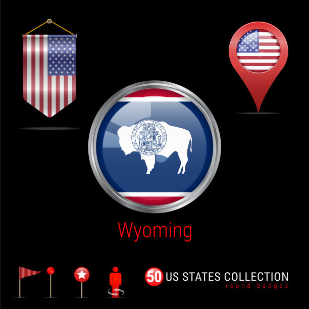 圆形镀铬徽章与怀俄明州美国国旗图片下载