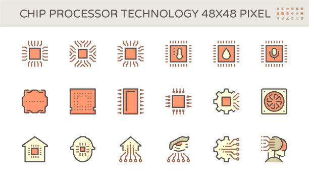 计算机芯片处理器和技术图标集图片下载