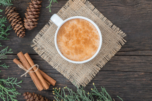 白色的塞勒普牛奶土耳其传统热饮，肉桂粉和棍棒放在质朴的老式木桌上。Sahlep背景图片下载