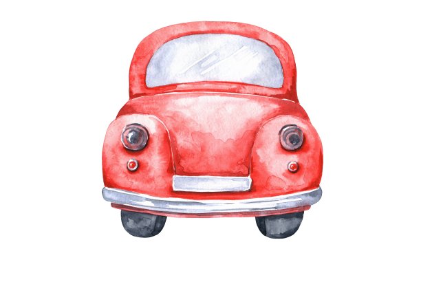 水彩古董圣诞红色汽车孤立的白色背景。后视图。水彩画插图。图片下载