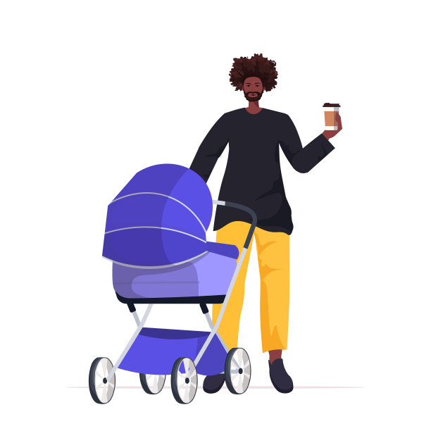 年轻的非洲裔美国父亲与新生儿在户外散步在婴儿车的父亲养育概念图片下载