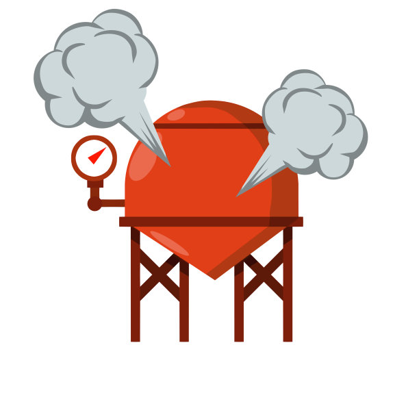 矢量锅炉用于加热水。住宅元素，浴室和卫生间系统。卡通平面插图。重载的蒸汽锅炉。事故、爆炸、烟雾。水箱带有管道和刻度盘。图片下载