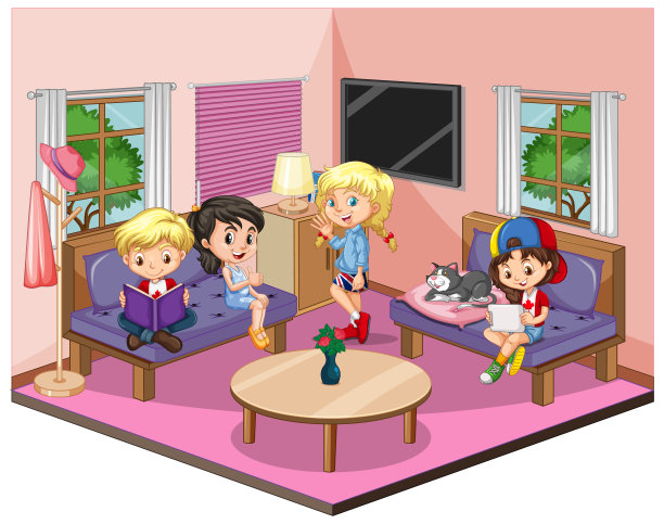 客厅里的孩子在白色背景的粉色主题场景中图片下载