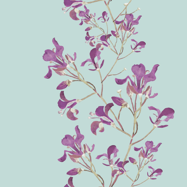 水彩紫罗兰野花在浅蓝绿色无缝图案上的分支。图片下载