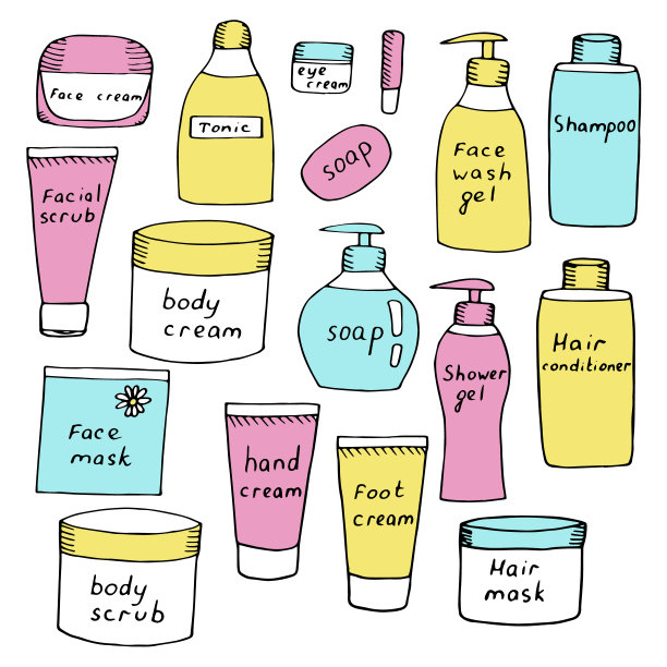 一套罐护理化妆品，矢量插图，素描，黄色，粉色和蓝色图片下载