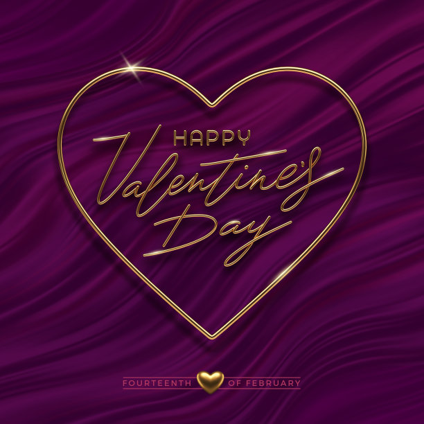 情人节矢量插图。真实感金金属书法问候语心形框架上紫色流体波背景。图片下载