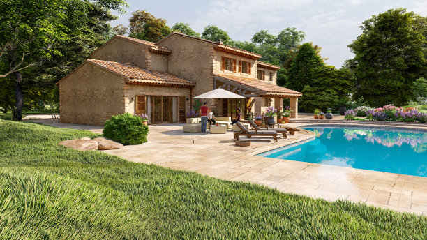 带有游泳池和花园的地中海风格别墅图片下载