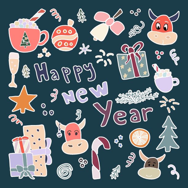 手绘创意新年设计集。涂鸦风格矢量插图的图形和网页设计图片下载