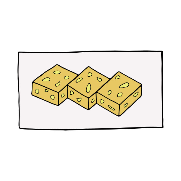 矢量手绘涂鸦芝麻barfi。印度甜点。设计草图元素的菜单，咖啡馆，餐厅，标签和包装。彩色插图上的白色背景。图片下载