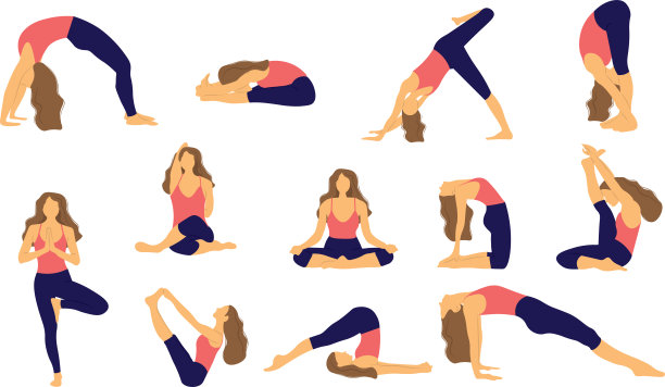 女人做瑜伽。一组瑜伽姿势。图片下载
