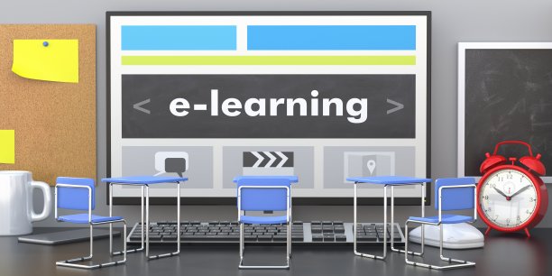 E学习虚拟概念。空椅子周围的电脑屏幕，学生书桌的背景。三维演示图片下载