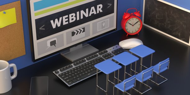 网络研讨会虚拟概念。空椅子周围有电脑屏幕，办公桌背景。三维演示图片下载