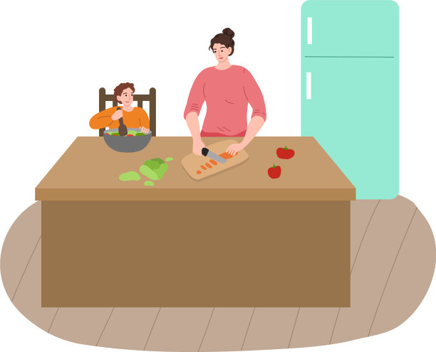 母亲和她的儿子切食材和制作图片下载