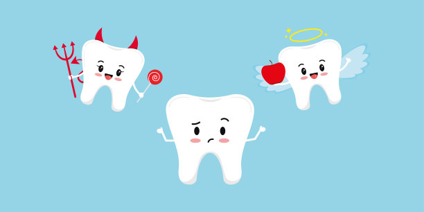 可爱的牙齿思考和魔鬼的肩膀上的天使。图片下载