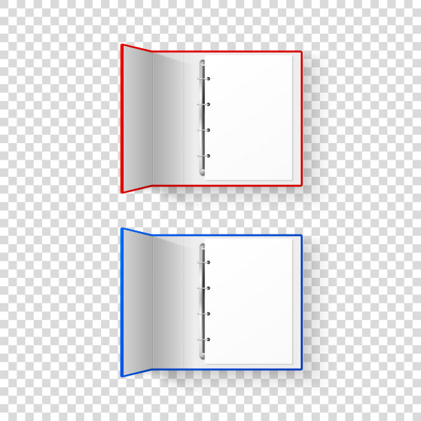 矢量3d打开现实的红色和蓝色办公室活页夹设置与金属环和A4纸特写孤立在透明背景。设计模板，模型，顶部视图图片下载