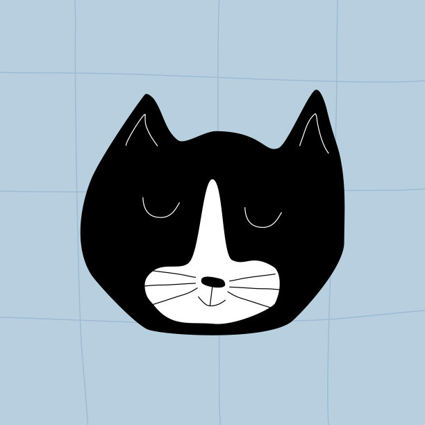 可爱的黑猫微笑着。一只快乐熟睡的黑猫的头。卡通猫头。图片下载