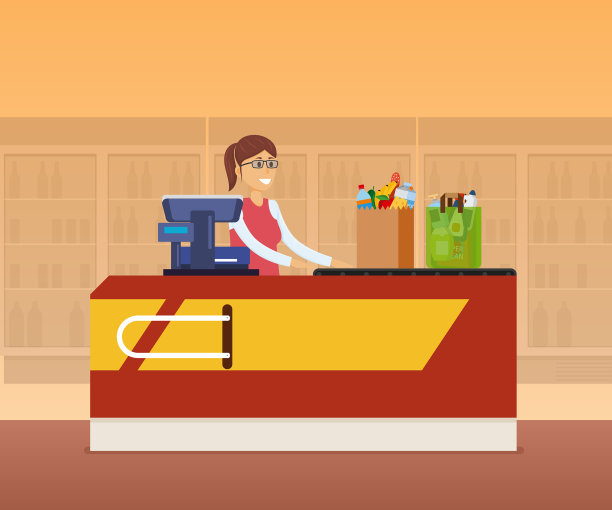 女收银员在柜台后面收银图片下载