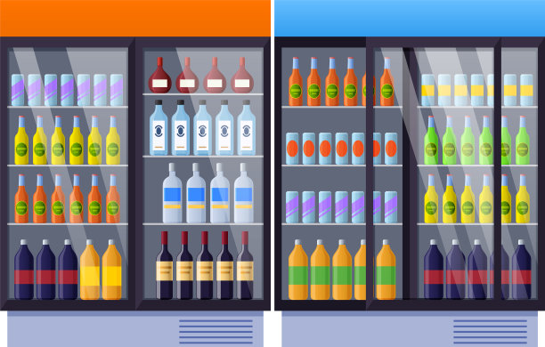架子上有果汁、碳酸水和酒精图片下载