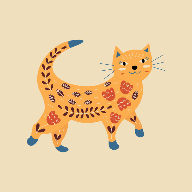 一只在花丛和树叶中行走的猫，爪子是蓝色的图片下载