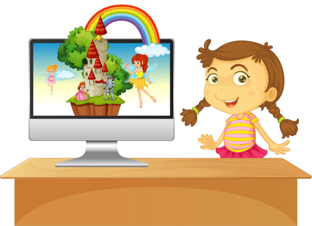 快乐的女孩旁边的电脑城堡桌面图片下载
