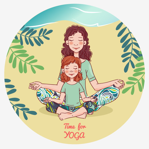 母亲和女儿在做瑜伽。家庭瑜伽矢量插图图片下载