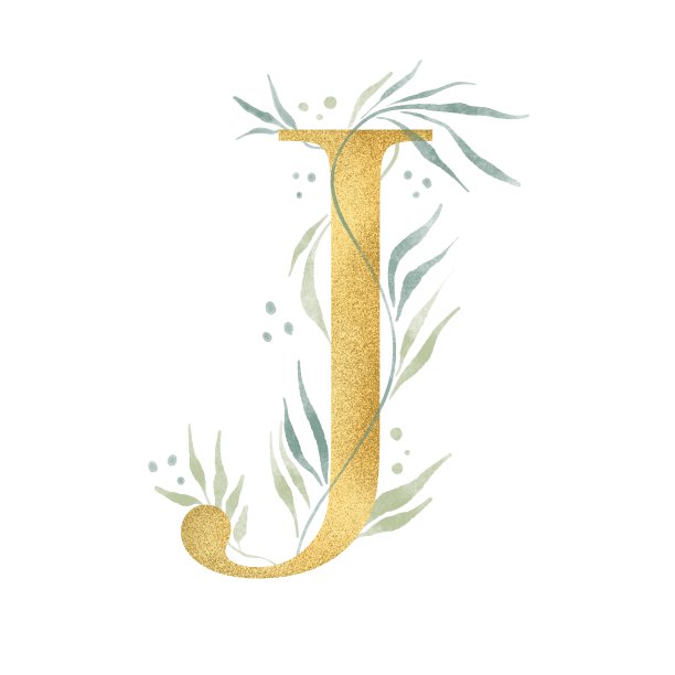 金色字母J与水彩元素插图。白色背景隔离图片下载