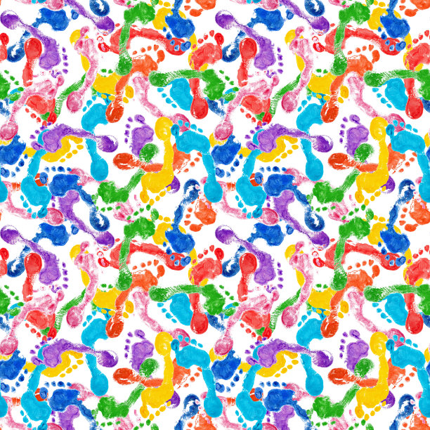 无缝图案多彩的人类脚印白色背景孤立，多色赤脚脚印重复点缀，混乱的脚印，明亮的光脚污渍，抽象混乱的艺术插图图片下载