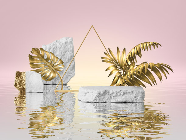 3d渲染，粉红色的背景与白色的鹅卵石裙台和金色的热带树叶，三角形的框架和水中的倒影。空的阶段。产品展示空白展示场景图片下载