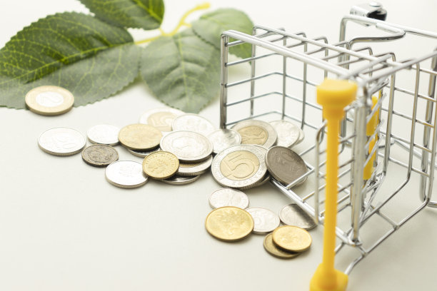 黄色的迷你购物车或超市手推车上有一堆银币，硬币浴孤立在白色的背景上。图片下载