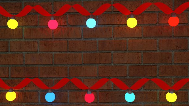 砖墙上挂着派对灯和彩带。3 d渲染。图片下载