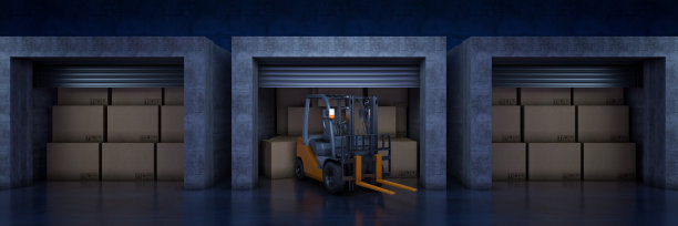 叉车在仓库或仓库装载纸箱。三维渲染图片下载