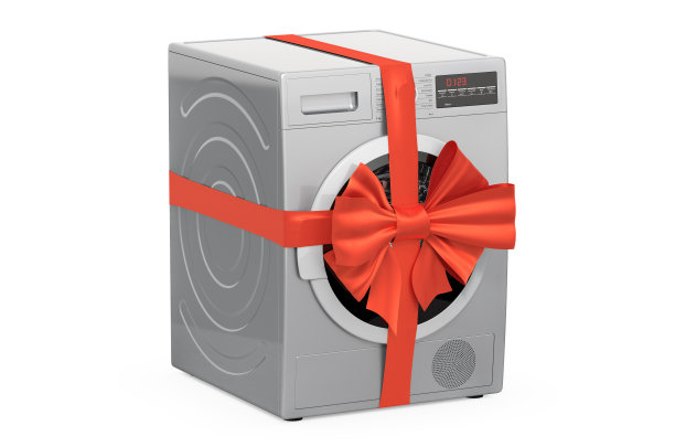 带丝带和蝴蝶结的衣物烘干机，礼物概念。3D渲染孤立的白色背景图片下载