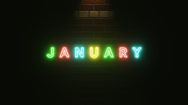 一月的文字霓虹灯光在砖墙上五颜六色的纹理。3 d演示呈现图片下载