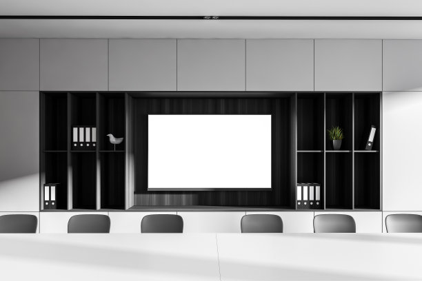 现代的黑白会议室，近距离贴着海报图片下载