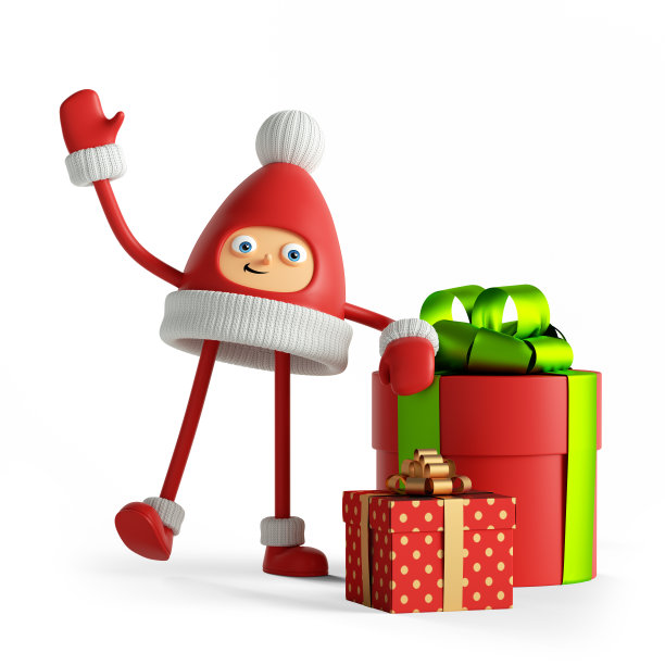3d渲染，红色帽子，脸，手和腿，吉祥物和礼盒。可爱的小圣诞老人助手。圣诞玩具剪辑艺术孤立的白色背景。图片下载
