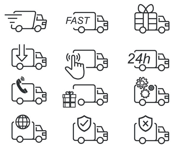 送货卡车图标设置矢量笔画像素完美的Illustrator图片下载