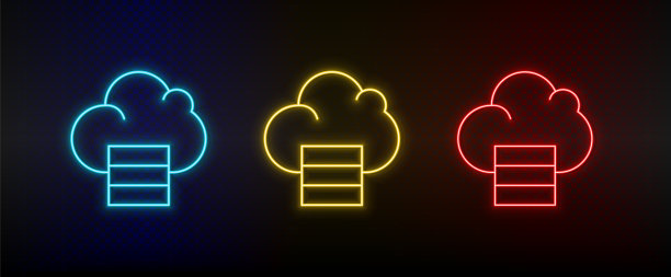 霓虹灯图标。数据库服务器云计算。一套红色，蓝色，黄色霓虹灯矢量图标图片下载