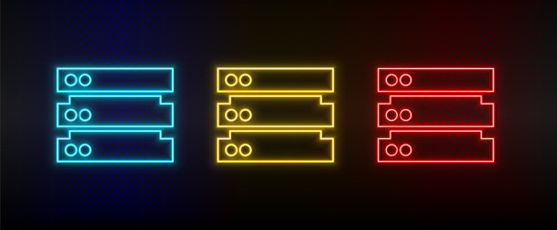 霓虹灯图标。数据库服务器。一套红色，蓝色，黄色霓虹灯矢量图标图片下载