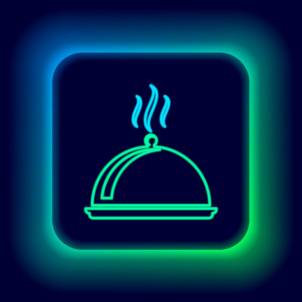 在黑色的背景上有一个食物图标。托盘和盖子。带有盖子的餐厅钟摆。厨房用具的象征。色彩斑斓的轮廓的概念。向量图片下载