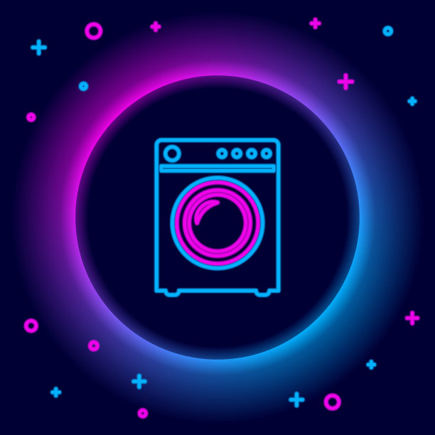 发光的霓虹灯线洗衣机图标孤立在黑色背景。洗衣机图标。洗衣机-洗衣机。家电的象征。色彩斑斓的轮廓的概念。向量图片下载