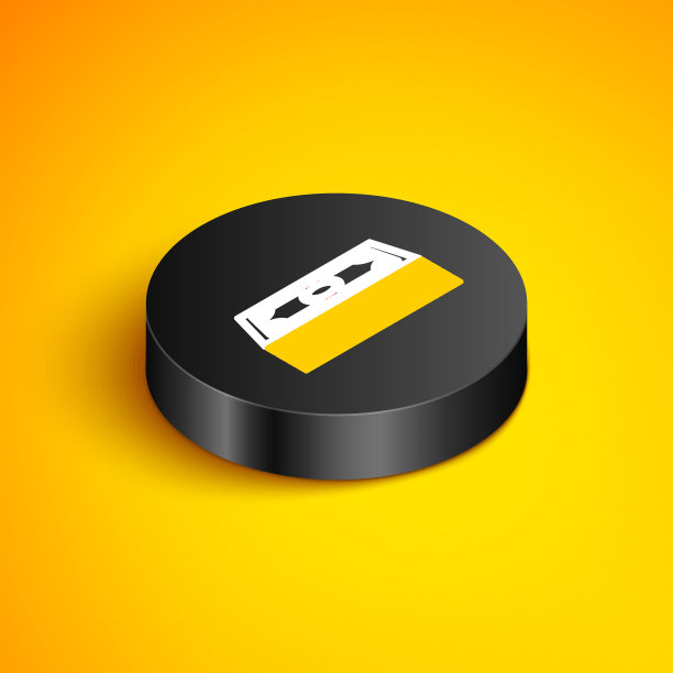 等距线堆叠纸币现金图标孤立在黄色背景。钱钞票栈。比尔的货币。黑色圆按钮。向量图片下载