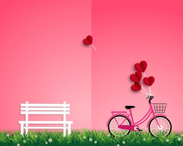 情人节快乐，粉红色背景下的红色气球飞过花园图片下载