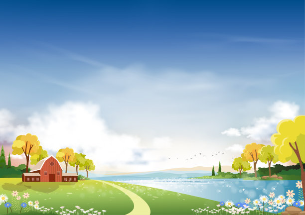 全景式的春村景观，山上绿草如茵，天空湛蓝，矢夏春景，田园绿意，农舍、谷仓、草花尽收眼底图片下载