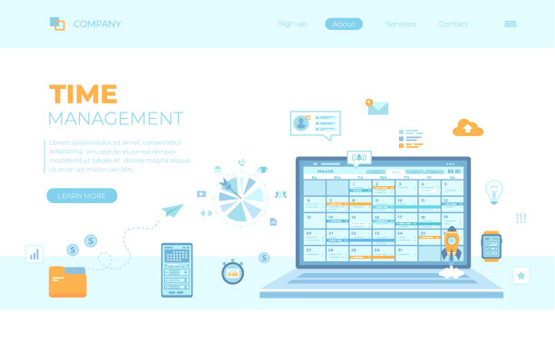 时间管理，组织，计划时间表，任务分配。屏幕上有日程安排的笔记本电脑，电脑，手机和智能手表的应用程序。可以用于网页横幅，登陆页，网页图片下载