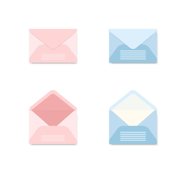 一套蓝色和粉红色的信封在不同的观点在白色的背景。一组图标描绘一个封闭和开放的信。的信件。可爱的邮件图标。矢量图图片下载