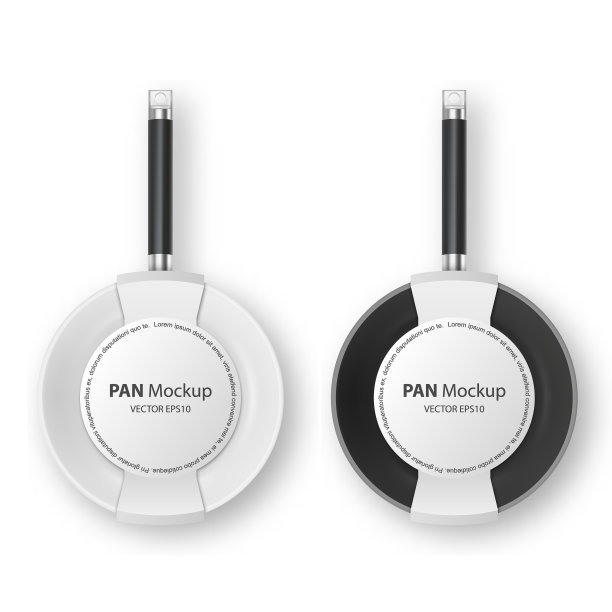 矢量3d现实的黑白空煎锅与纸标签设置特写孤立在白色背景。设计模板的模型。俯视图图片下载