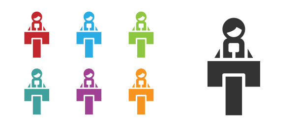 黑色舞台上的辩论台或讲台上的图标孤立在白色的背景上。论坛会议上演讲。设置图标丰富多彩。向量图片下载