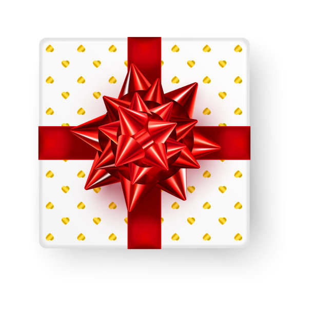 白色方形礼盒与大闪亮的红色蝴蝶结丝带和光滑的小金色心设计，顶视图孤立在白色背景。现实的矢量插图情人节或生日礼物模型图片下载
